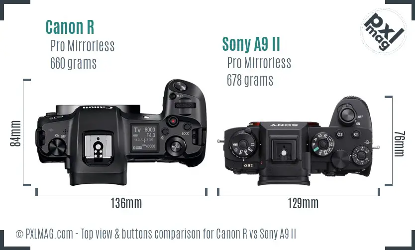 Canon R vs Sony A9 II top view buttons comparison