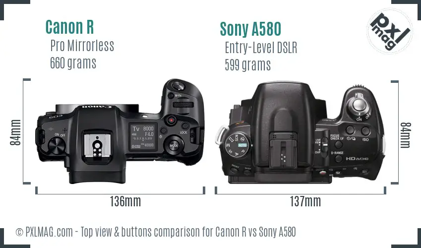 Canon R vs Sony A580 top view buttons comparison Canon R vs Sony A580 top view buttons comparison