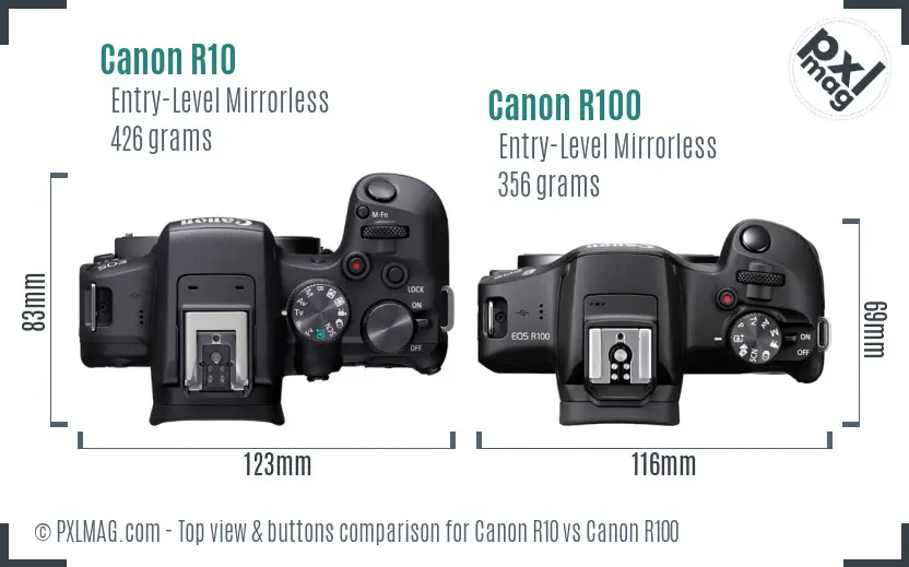 Canon R10 vs Canon R100 top view buttons comparison
