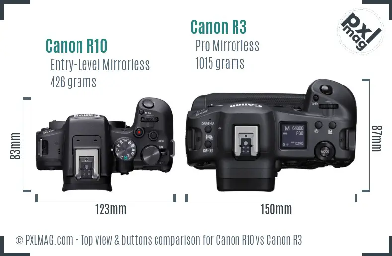 Canon R10 vs Canon R3 top view buttons comparison Canon R10 vs Canon R3 top view buttons comparison