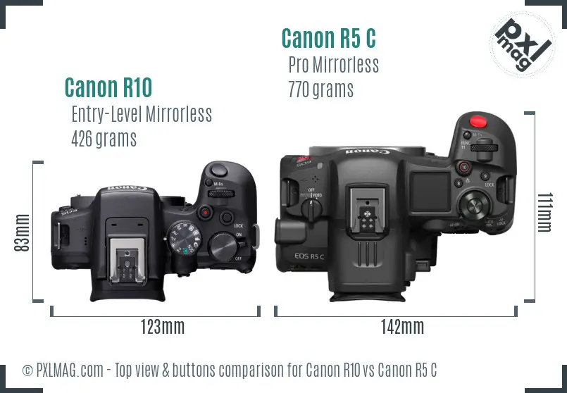 Canon R10 vs Canon R5 C top view buttons comparison