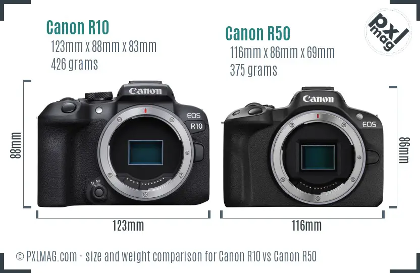 Canon R10 vs Canon R50 size comparison
