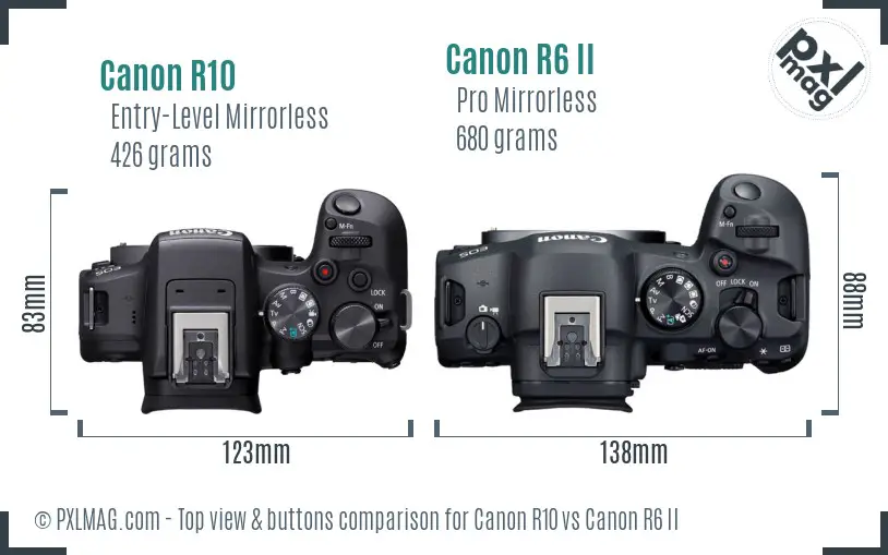 Canon R10 vs Canon R6 II top view buttons comparison