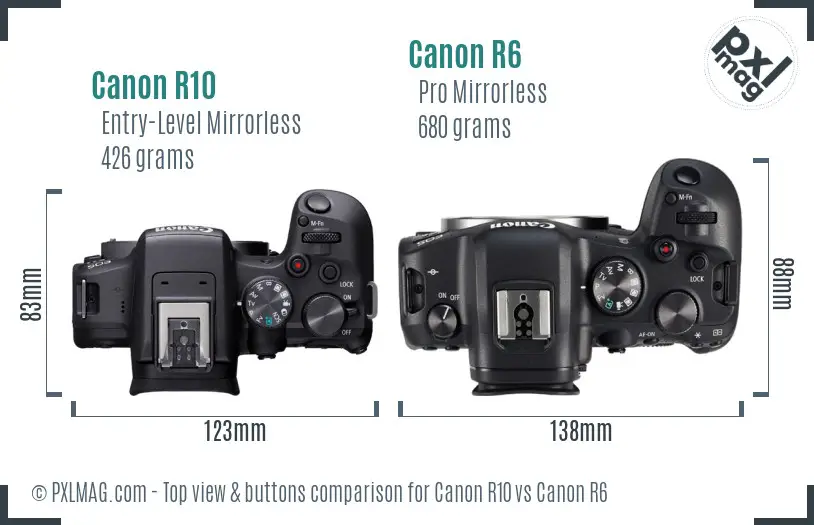 Canon R10 vs Canon R6 top view buttons comparison