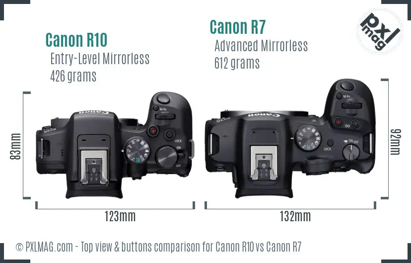 Canon R10 vs Canon R7 top view buttons comparison