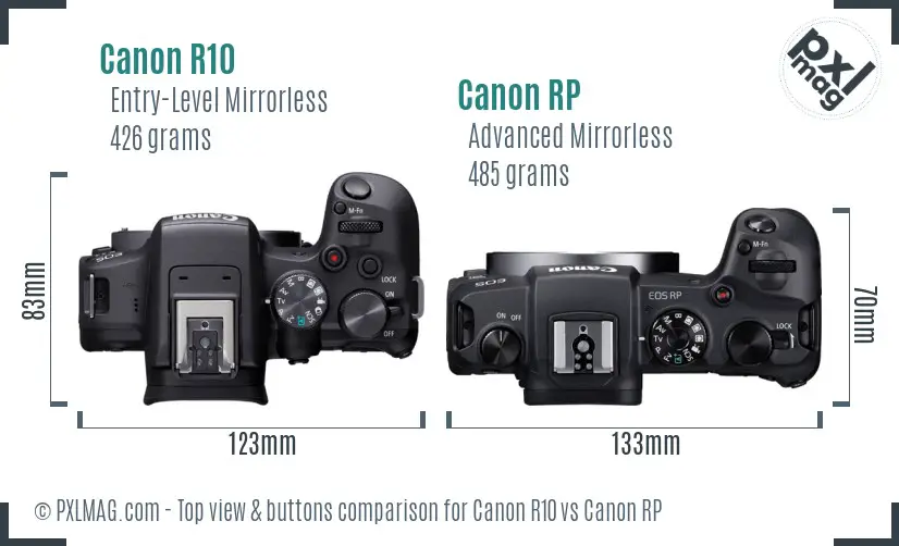 Canon R10 vs Canon RP top view buttons comparison