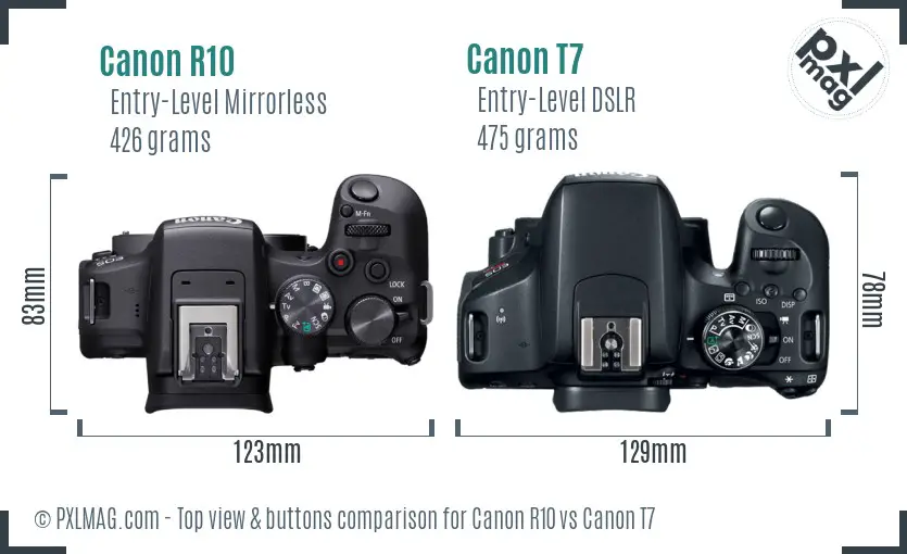 Canon R10 vs Canon T7 top view buttons comparison