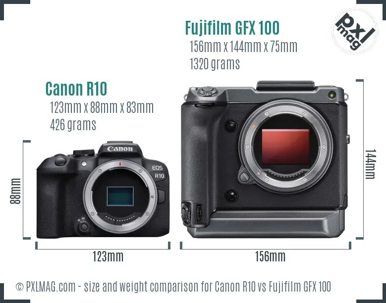 Canon R10 vs Fujifilm GFX 100 size comparison