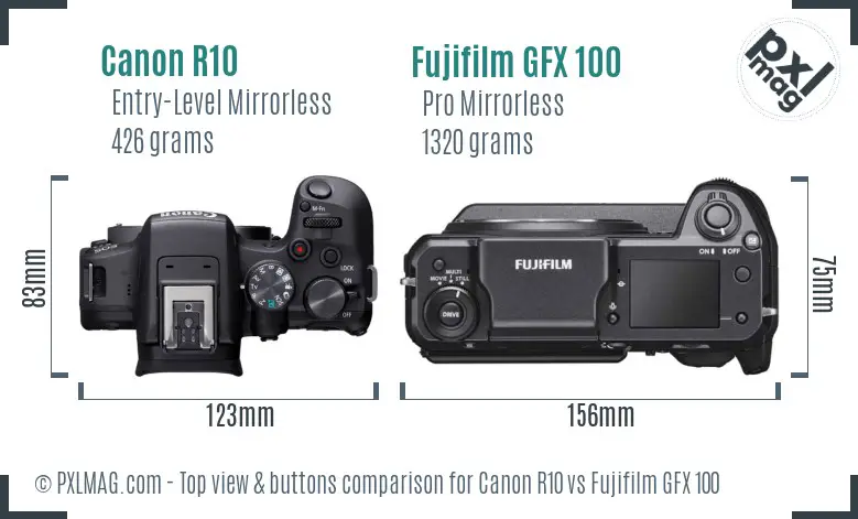 Canon R10 vs Fujifilm GFX 100 top view buttons comparison