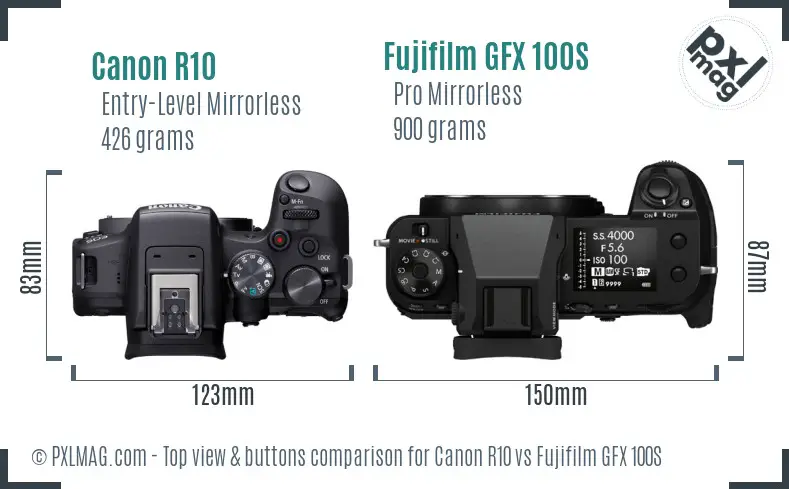 Canon R10 vs Fujifilm GFX 100S top view buttons comparison Canon R10 vs Fujifilm GFX 100S top view buttons comparison