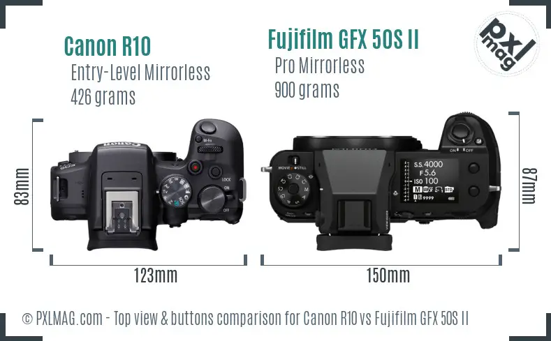 Canon R10 vs Fujifilm GFX 50S II top view buttons comparison