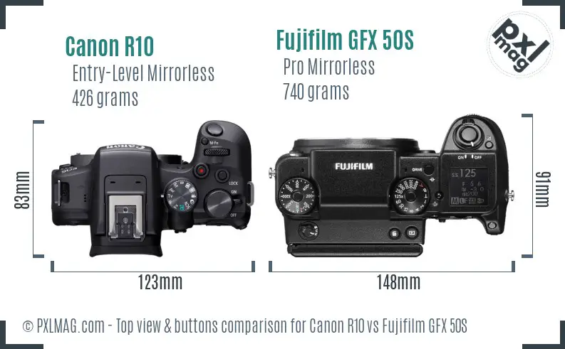 Canon R10 vs Fujifilm GFX 50S top view buttons comparison