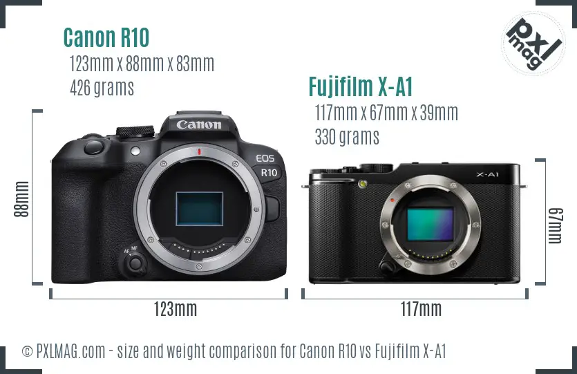 Canon R10 vs Fujifilm X-A1 size comparison