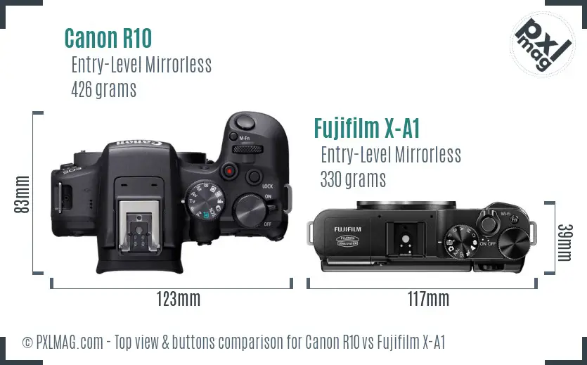 Canon R10 vs Fujifilm X-A1 top view buttons comparison