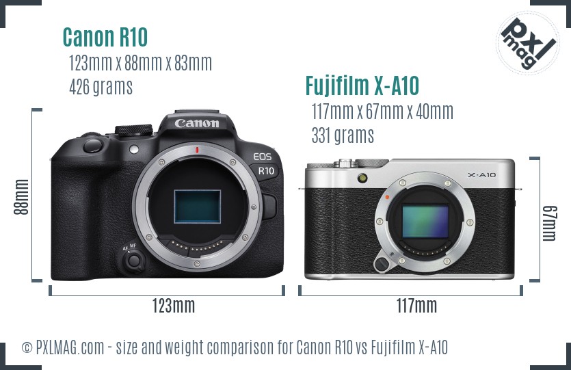 Canon R10 vs Fujifilm X-A10 size comparison