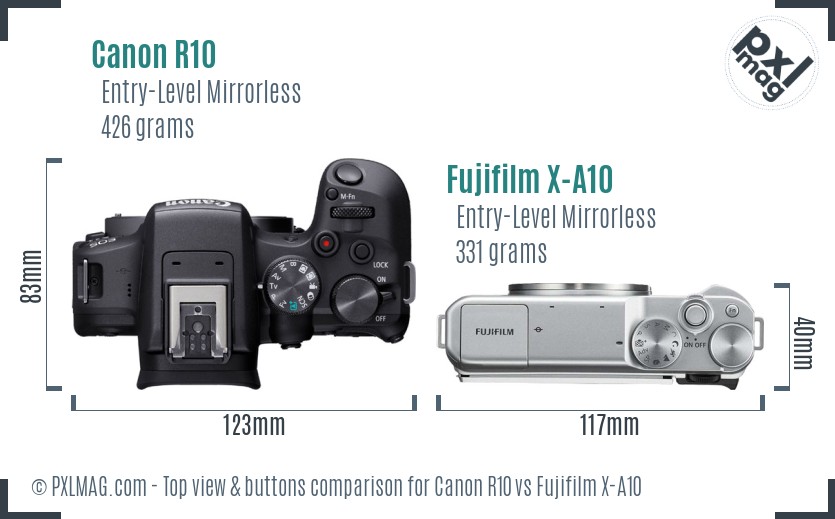Canon R10 vs Fujifilm X-A10 top view buttons comparison