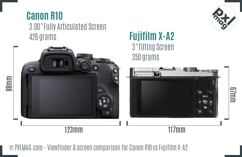 Canon R10 vs Fujifilm X-A2 Screen and Viewfinder comparison
