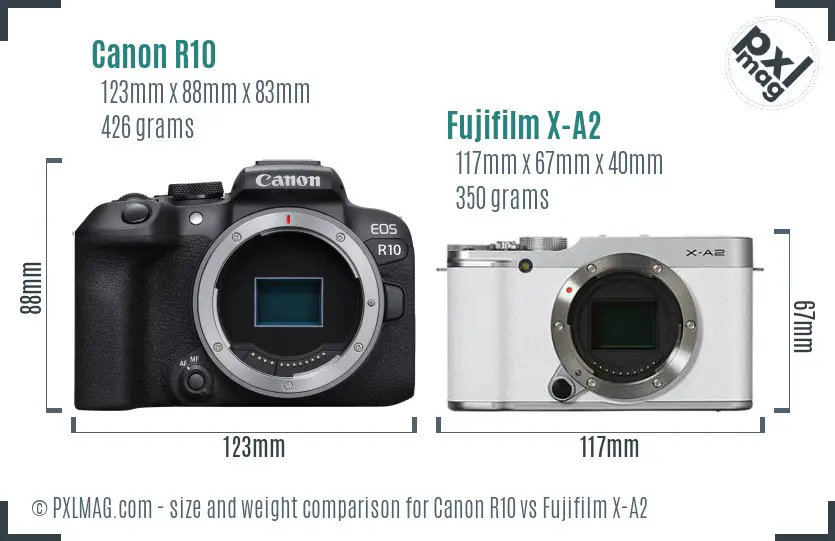 Canon R10 vs Fujifilm X-A2 size comparison