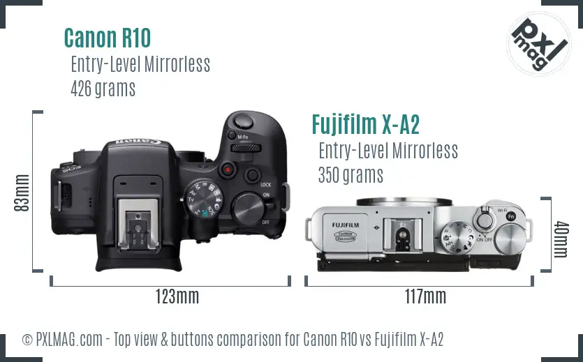 Canon R10 vs Fujifilm X-A2 top view buttons comparison