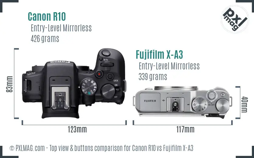 Canon R10 vs Fujifilm X-A3 top view buttons comparison Canon R10 vs Fujifilm X-A3 top view buttons comparison