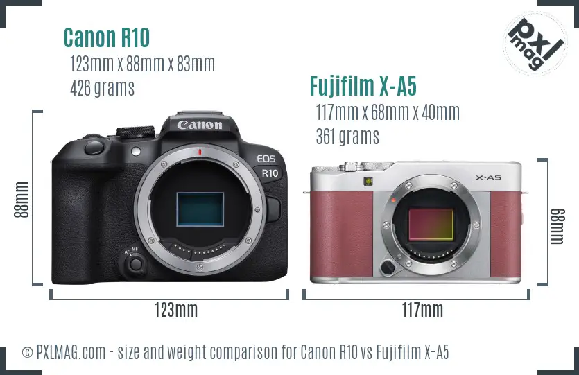 Canon R10 vs Fujifilm X-A5 size comparison Canon R10 vs Fujifilm X-A5 size comparison