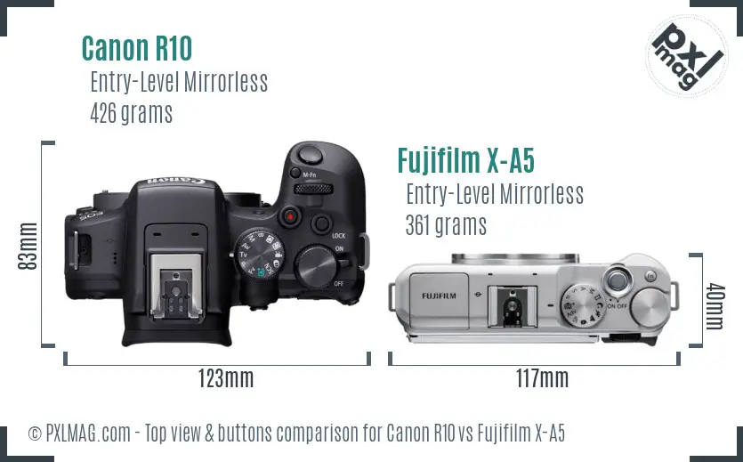 Canon R10 vs Fujifilm X-A5 top view buttons comparison Canon R10 vs Fujifilm X-A5 top view buttons comparison