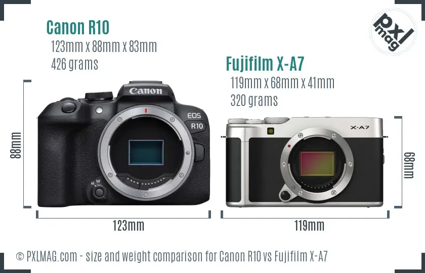 Canon R10 vs Fujifilm X-A7 size comparison