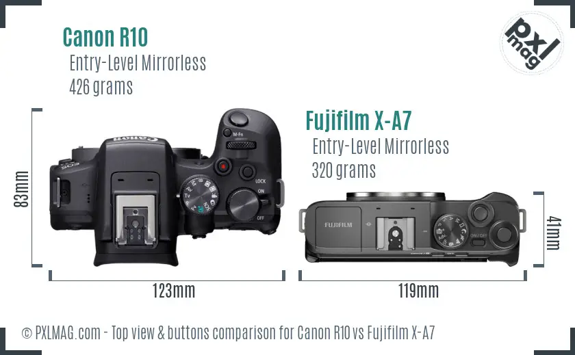 Canon R10 vs Fujifilm X-A7 top view buttons comparison