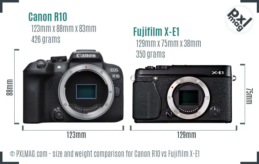 Canon R10 vs Fujifilm X-E1 size comparison