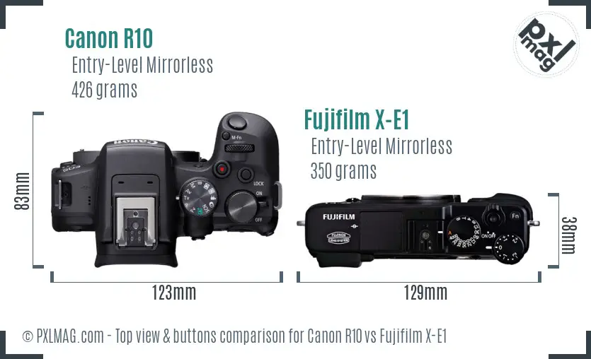 Canon R10 vs Fujifilm X-E1 top view buttons comparison