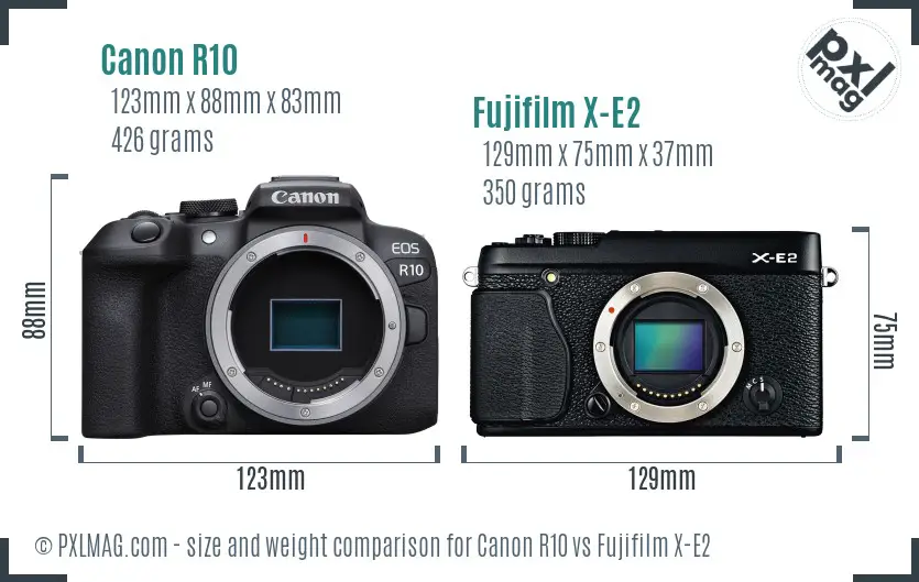 Canon R10 vs Fujifilm X-E2 size comparison