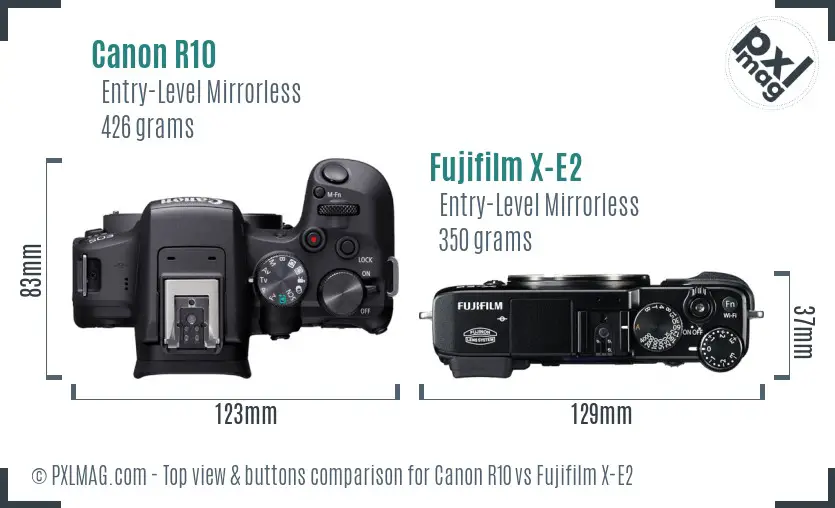 Canon R10 vs Fujifilm X-E2 top view buttons comparison