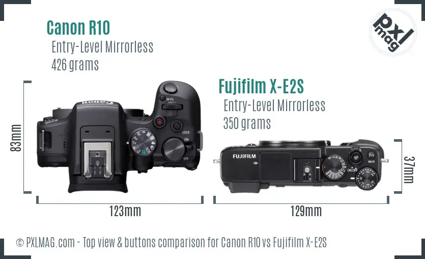 Canon R10 vs Fujifilm X-E2S top view buttons comparison