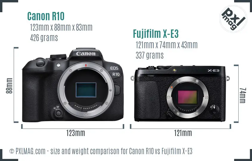 Canon R10 vs Fujifilm X-E3 size comparison