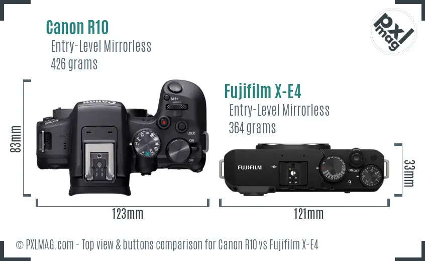 Canon R10 vs Fujifilm X-E4 top view buttons comparison