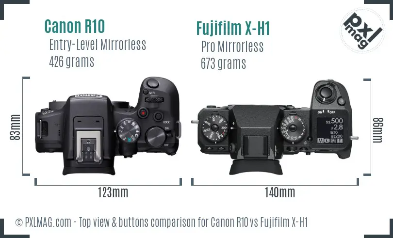 Canon R10 vs Fujifilm X-H1 top view buttons comparison Canon R10 vs Fujifilm X-H1 top view buttons comparison