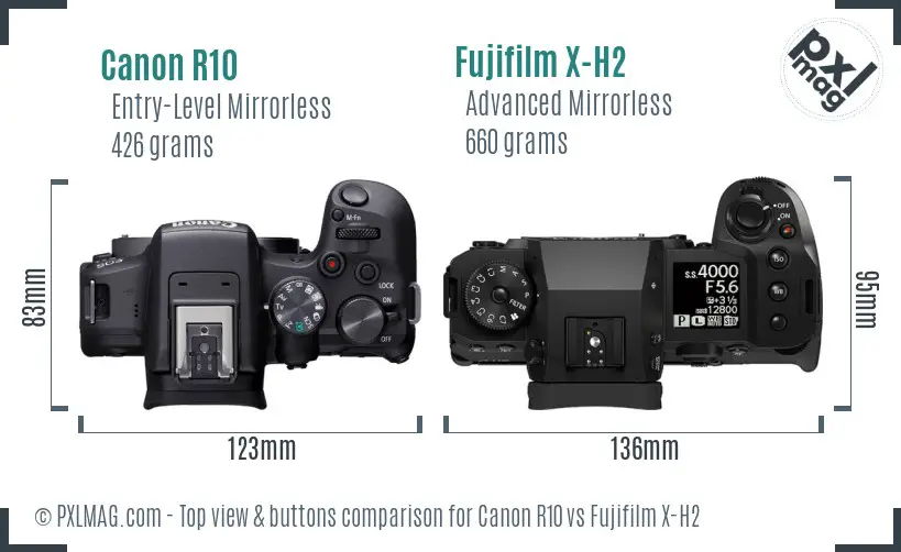Canon R10 vs Fujifilm X-H2 top view buttons comparison Canon R10 vs Fujifilm X-H2 top view buttons comparison