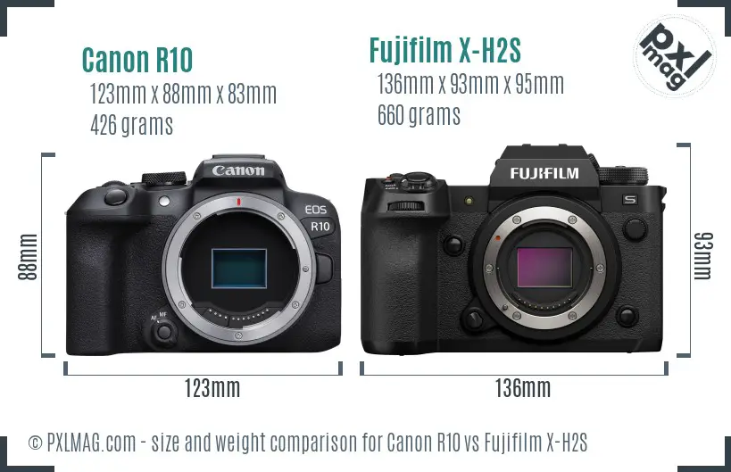 Canon R10 vs Fujifilm X-H2S size comparison