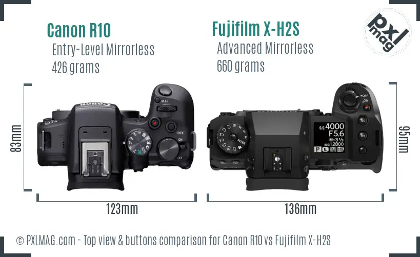 Canon R10 vs Fujifilm X-H2S top view buttons comparison