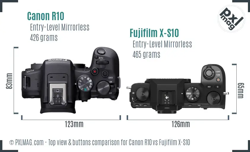 Canon R10 vs Fujifilm X-S10 top view buttons comparison
