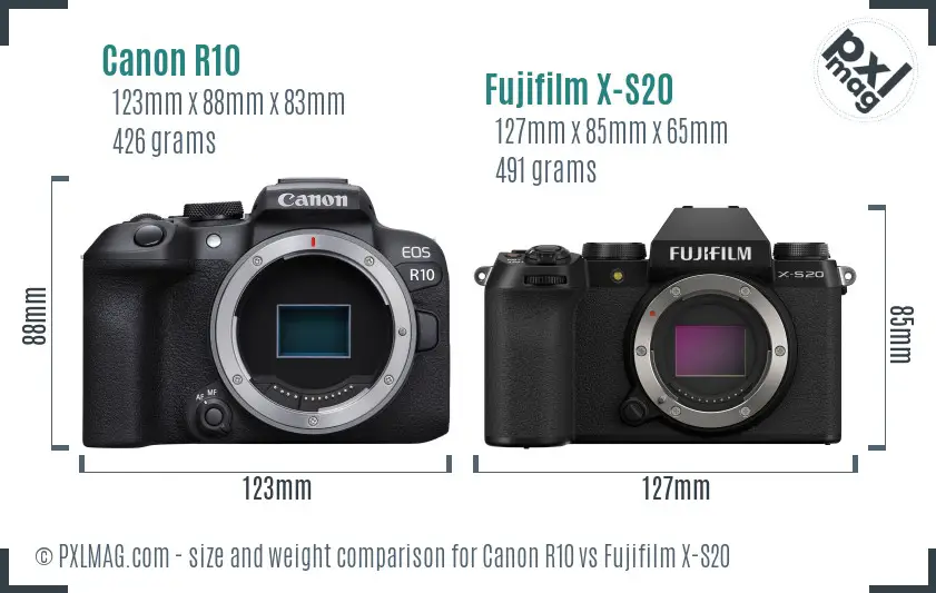 Canon R10 vs Fujifilm X-S20 size comparison