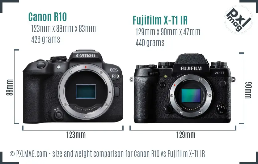 Canon R10 vs Fujifilm X-T1 IR size comparison