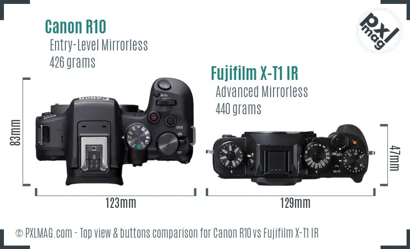 Canon R10 vs Fujifilm X-T1 IR top view buttons comparison