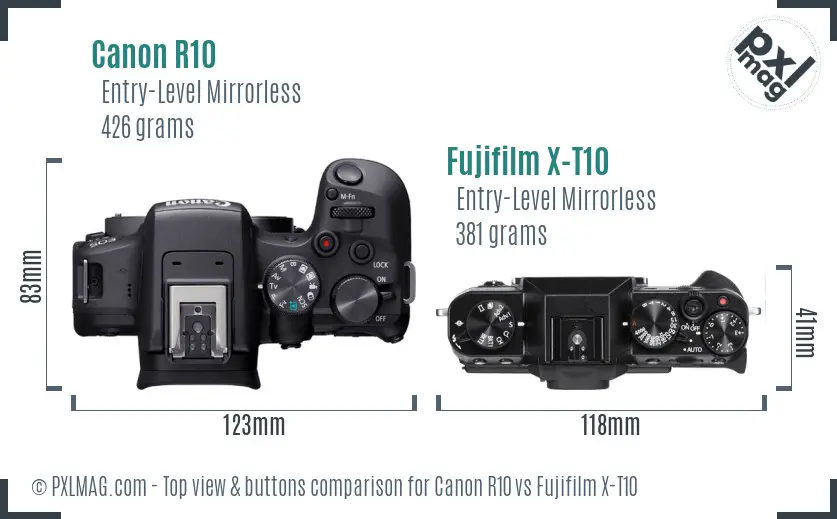 Canon R10 vs Fujifilm X-T10 top view buttons comparison