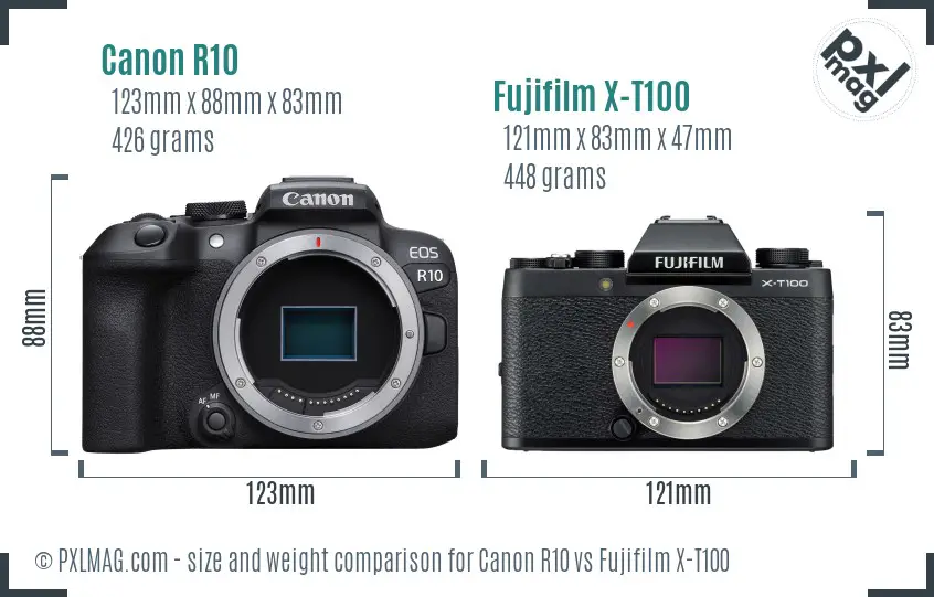 Canon R10 vs Fujifilm X-T100 size comparison