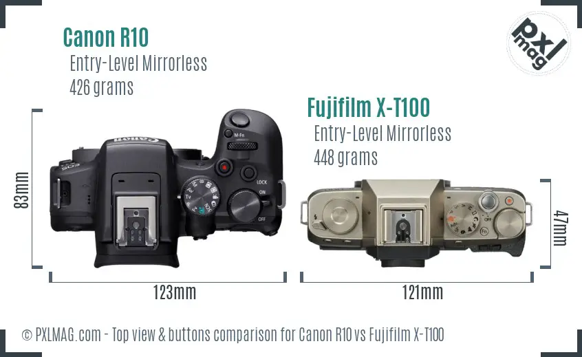 Canon R10 vs Fujifilm X-T100 top view buttons comparison