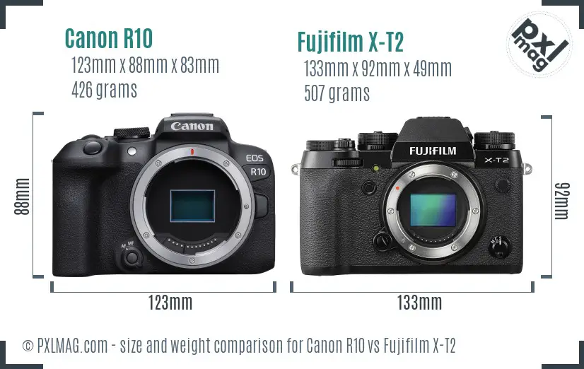 Canon R10 vs Fujifilm X-T2 size comparison