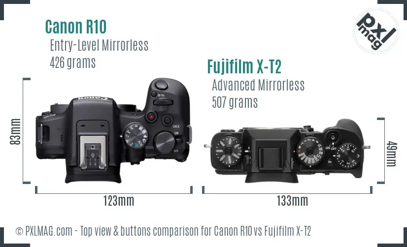 Canon R10 vs Fujifilm X-T2 top view buttons comparison