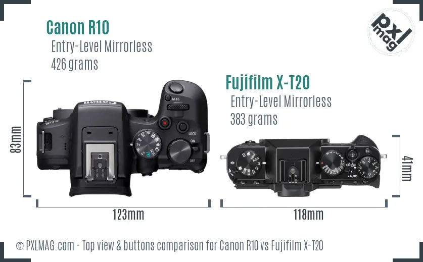 Canon R10 vs Fujifilm X-T20 top view buttons comparison