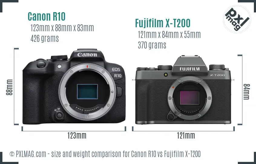 Canon R10 vs Fujifilm X-T200 size comparison